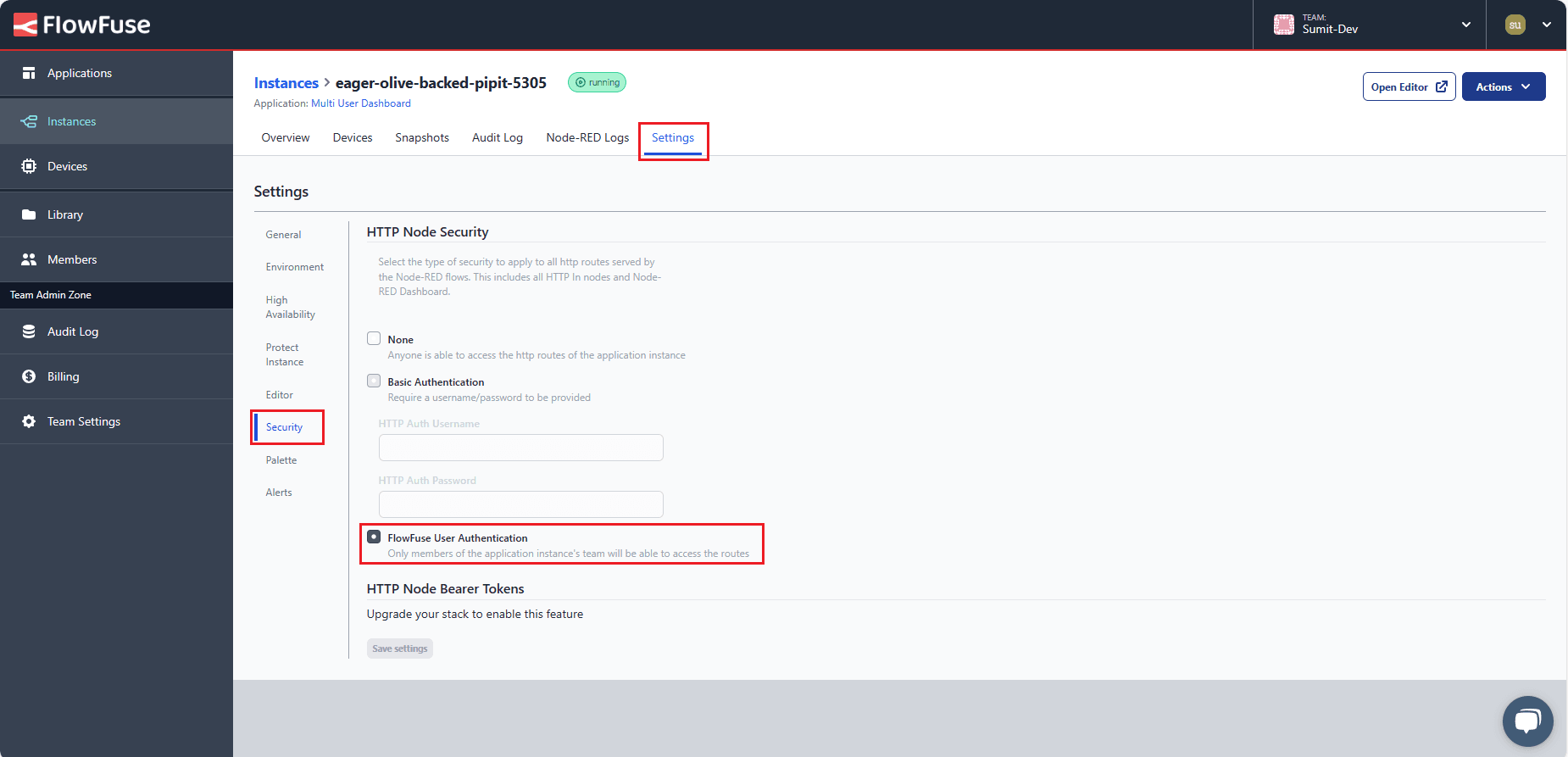"Screenshot displaying the configuration settings within the FlowFuse instance, enabling user authentication for enhanced security.
"