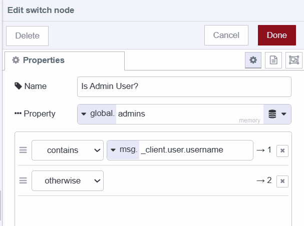 "Screenshot displaying the switch node which checks whether the logged-in user's username is contained in the admin list or not"